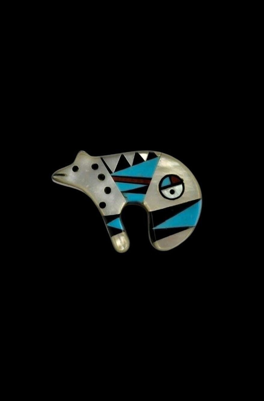 Zuni YY Sterling silver Bear necklace Pendant Multi-stone inlay turquoise onyx